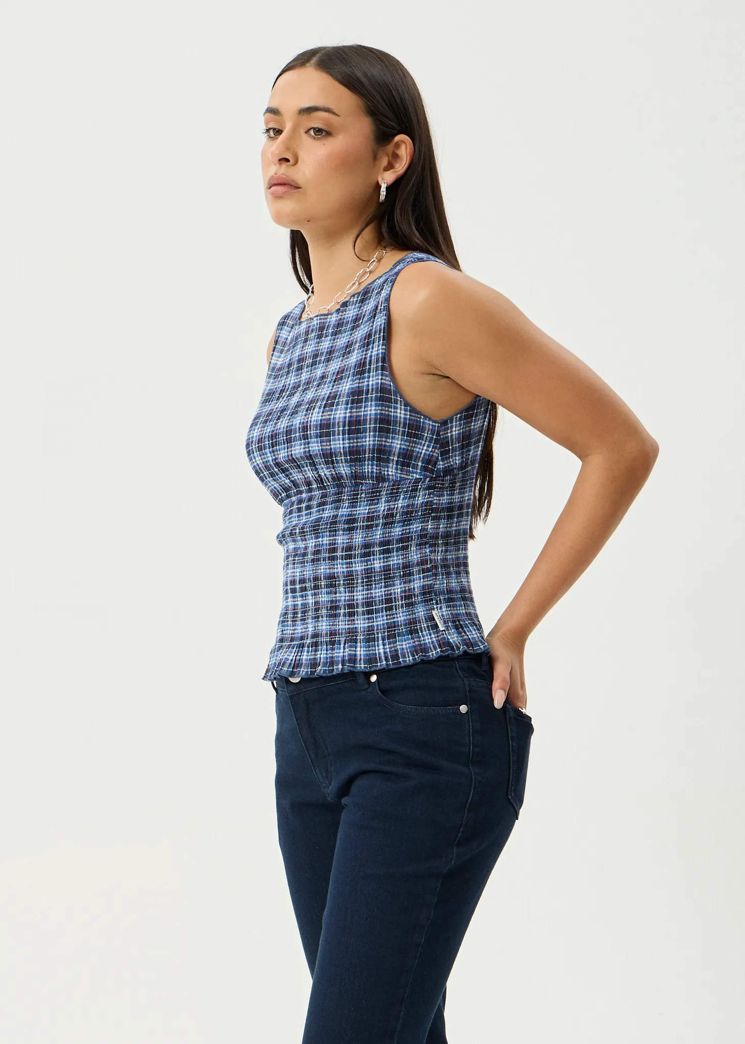 AFENDS Womens Mountains - Seersucker Sleeveless Top - Navy Red Check sold by Afends product image thumbnail 3