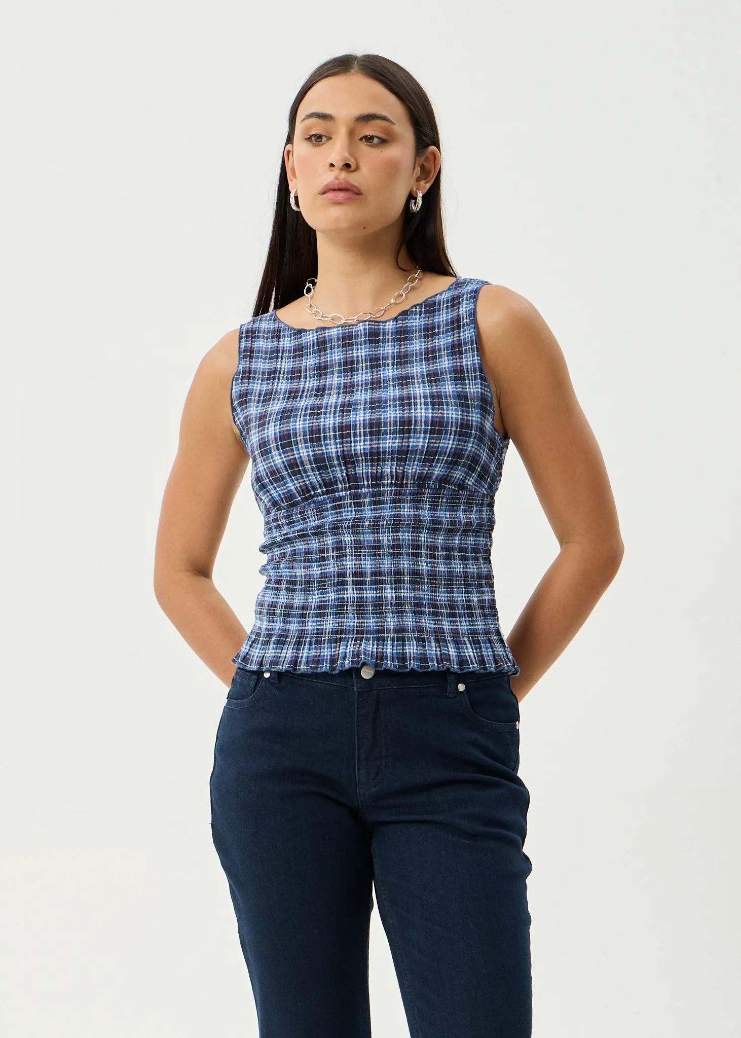 AFENDS Womens Mountains - Seersucker Sleeveless Top - Navy Red Check sold by Afends