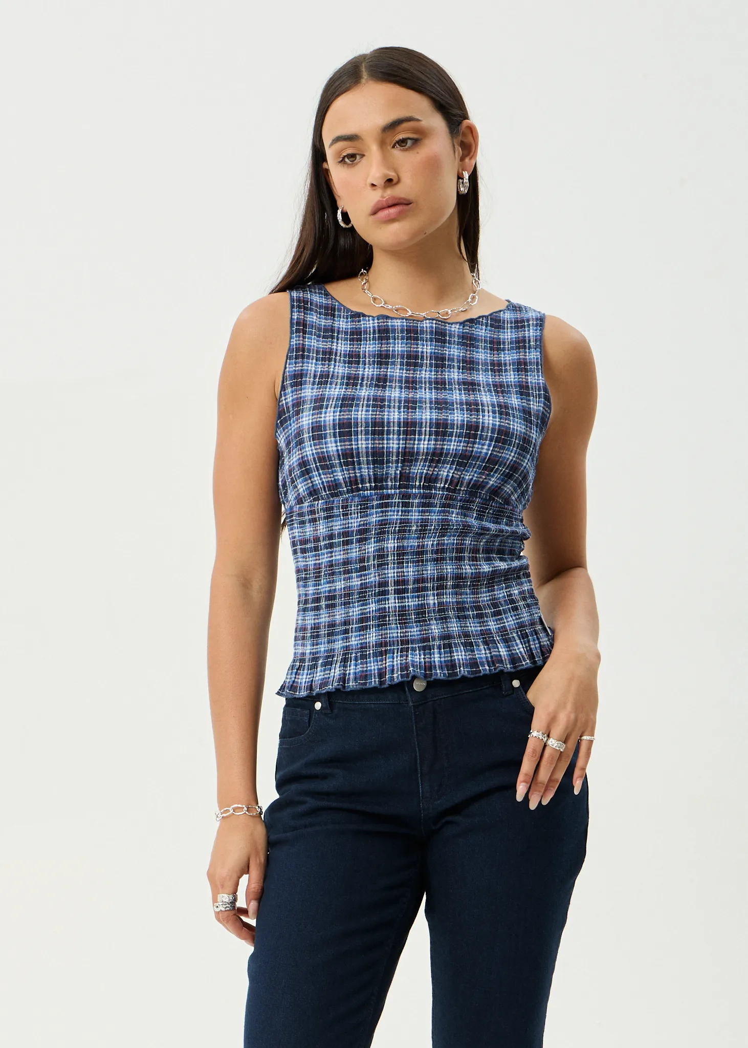AFENDS Womens Mountains - Seersucker Sleeveless Top - Navy Red Check sold by Afends product image thumbnail 2
