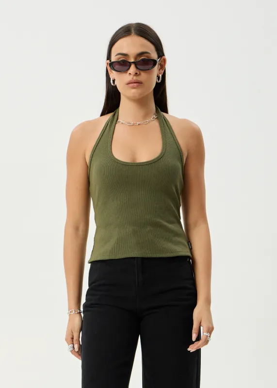 AFENDS Womens Basis - Rib Halter - Deep Olive made by Afends