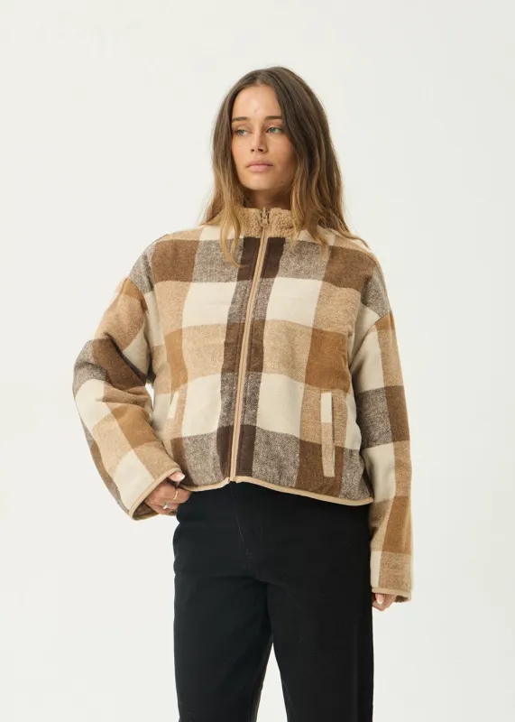 AFENDS Womens Berlin - Reversible Polar Fleece Jacket - Almond Check made by Afends