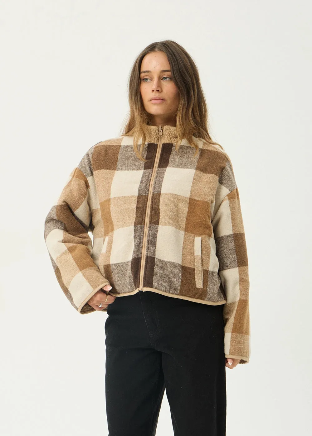 AFENDS Womens Berlin - Reversible Polar Fleece Jacket - Almond Check sold by Afends