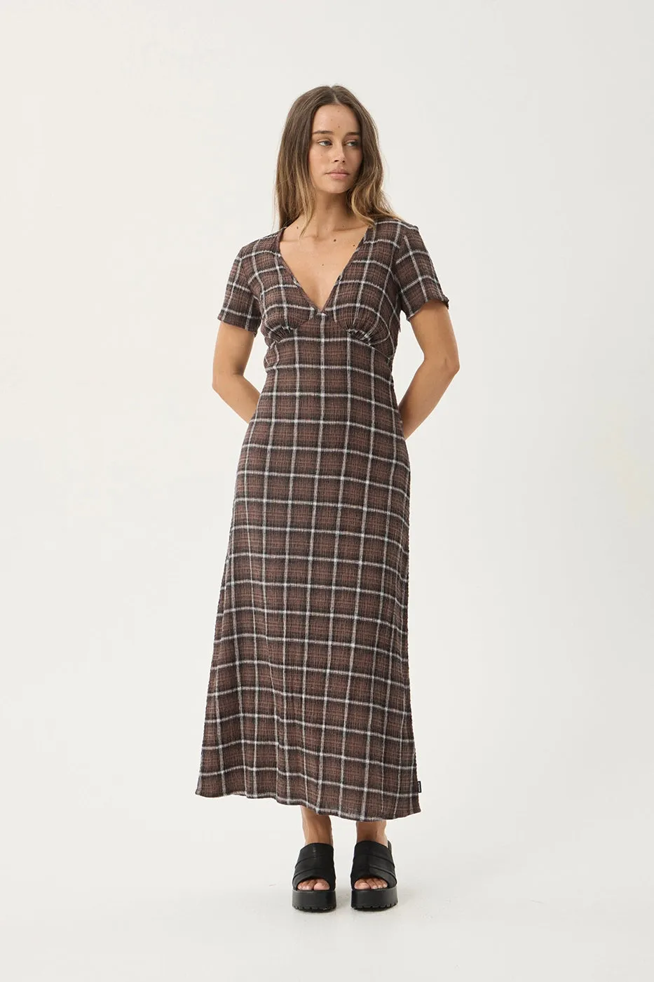 AFENDS Womens Reverie - Seersucker Maxi Dress - Coffee Check sold by Afends