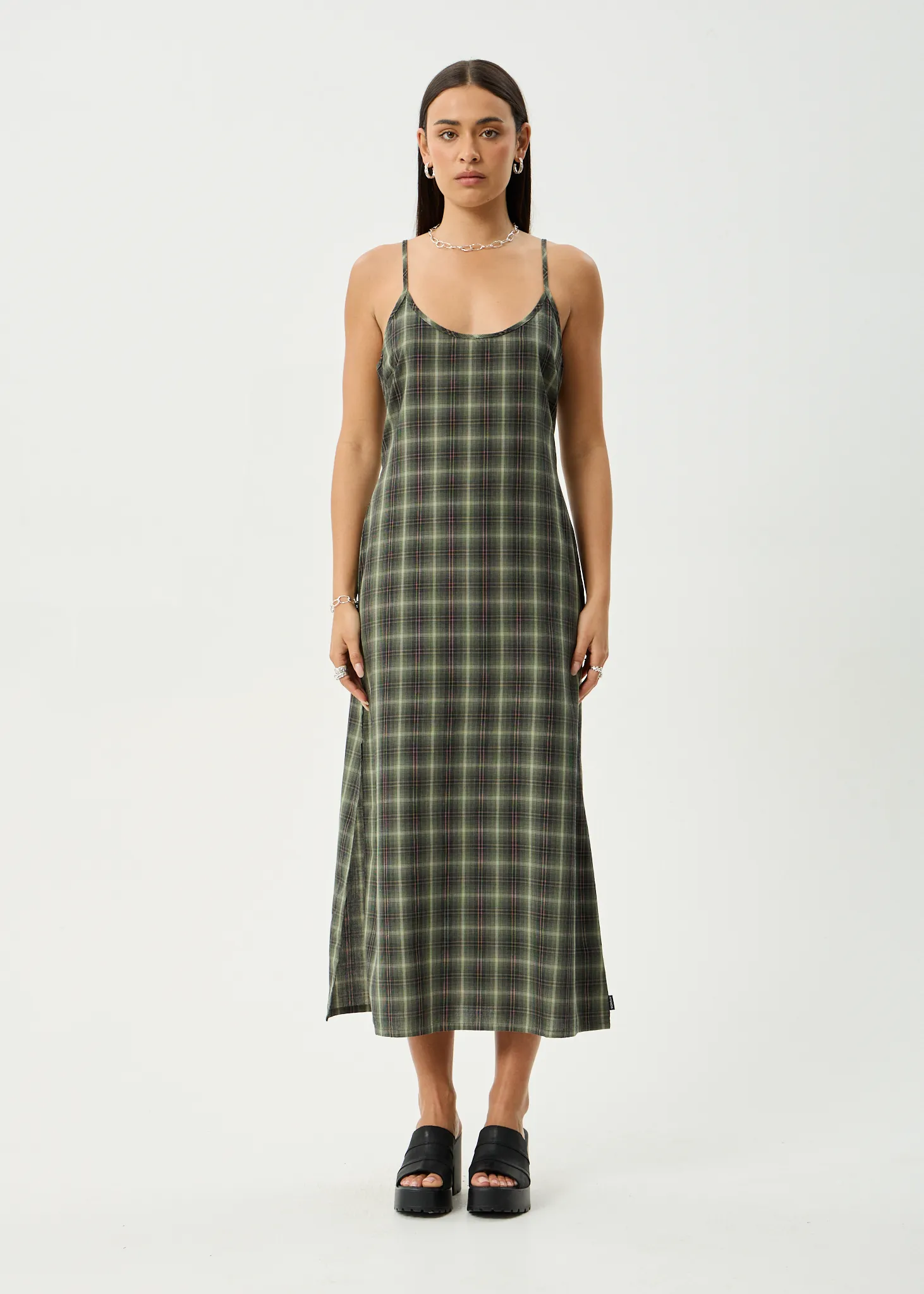 AFENDS Womens Jonah Valley - Maxi Dress - Deep Olive Check sold by Afends