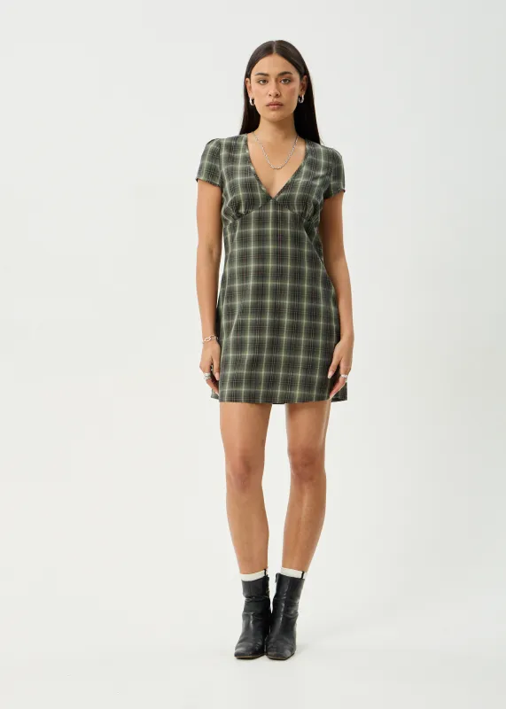 AFENDS Womens Jonah - Mini Dress - Deep Olive Check made by Afends