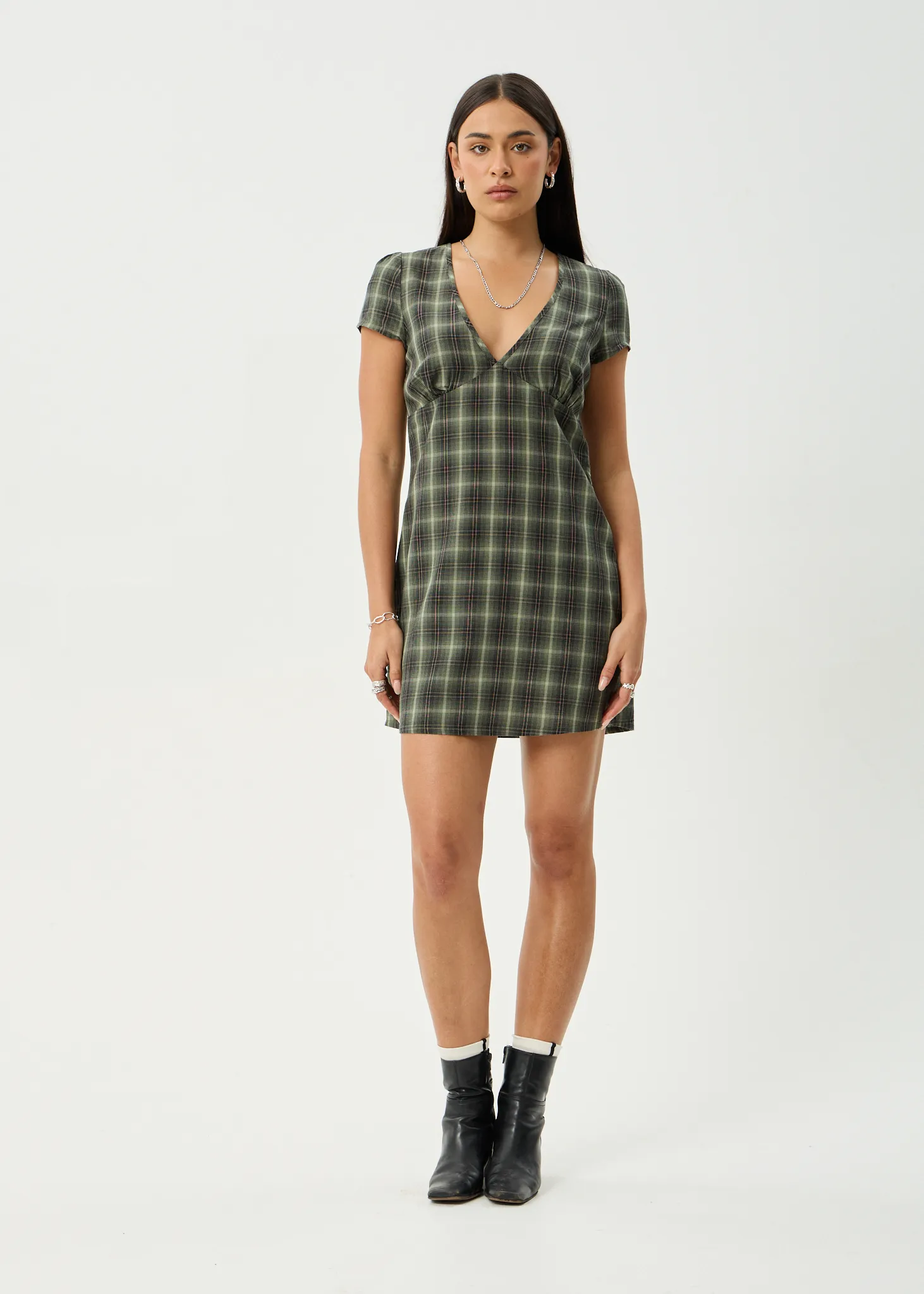 AFENDS Womens Jonah - Mini Dress - Deep Olive Check sold by Afends