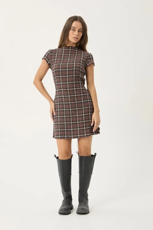 AFENDS Womens Elodie - Seersucker Mini Dress - Coffee Check made by Afends