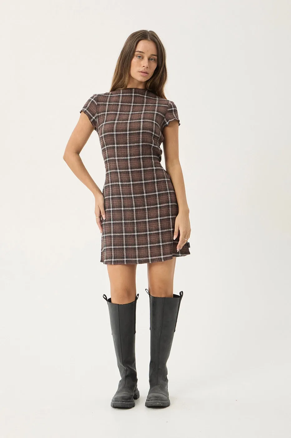 AFENDS Womens Elodie - Seersucker Mini Dress - Coffee Check sold by Afends