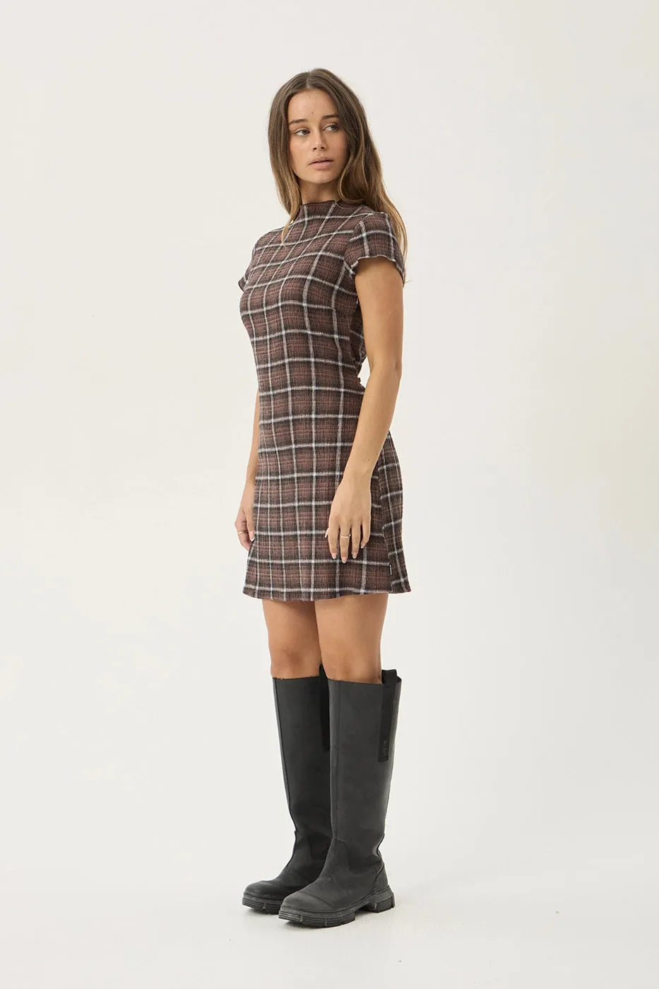 AFENDS Womens Elodie - Seersucker Mini Dress - Coffee Check sold by Afends product image thumbnail 5