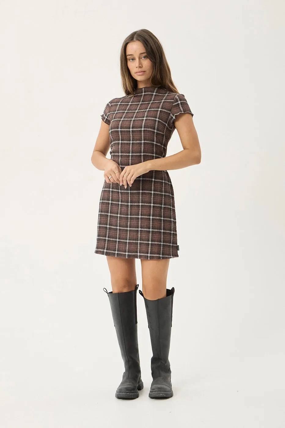 AFENDS Womens Elodie - Seersucker Mini Dress - Coffee Check sold by Afends product image thumbnail 3