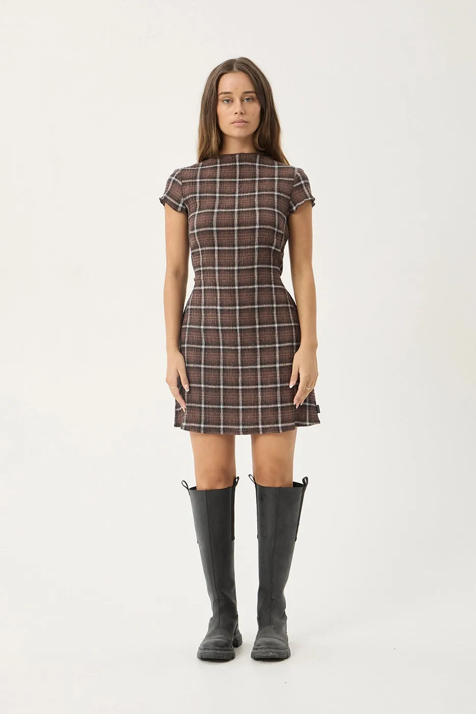 AFENDS Womens Elodie - Seersucker Mini Dress - Coffee Check sold by Afends product image thumbnail 4