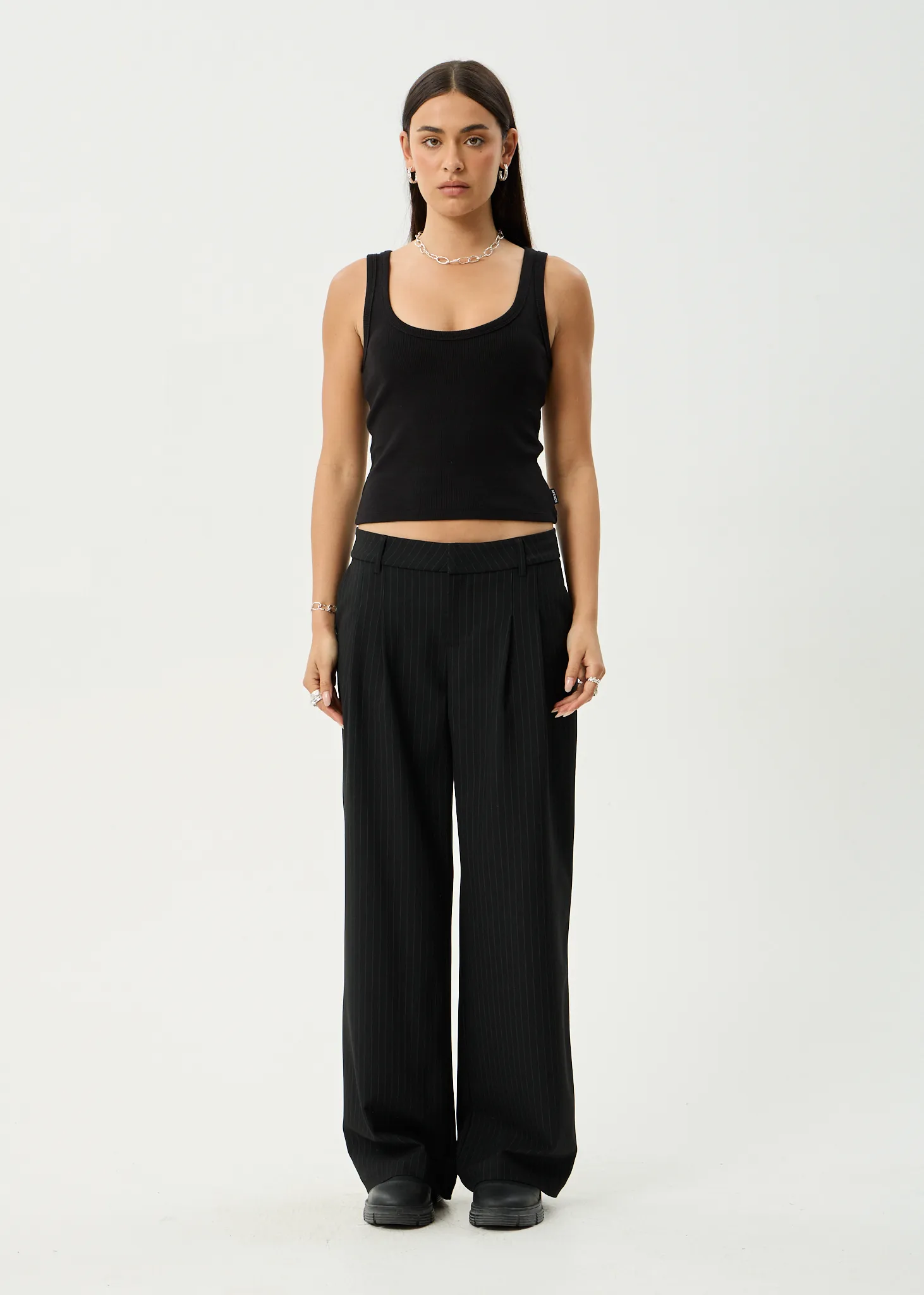 AFENDS Womens Business - Pinstripe Low Rise Trouser - Black sold by Afends
