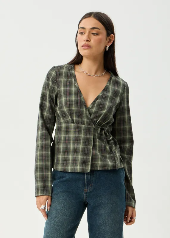 AFENDS Womens Jonah - Long Sleeve Top - Deep Olive Check made by Afends