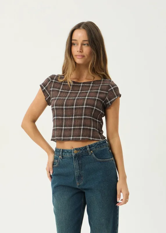 AFENDS Womens Darcy - Seersucker Top - Coffee Check made by Afends