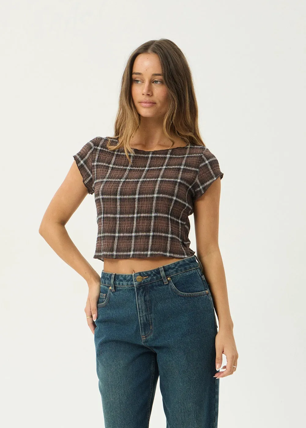 AFENDS Womens Darcy - Seersucker Top - Coffee Check sold by Afends