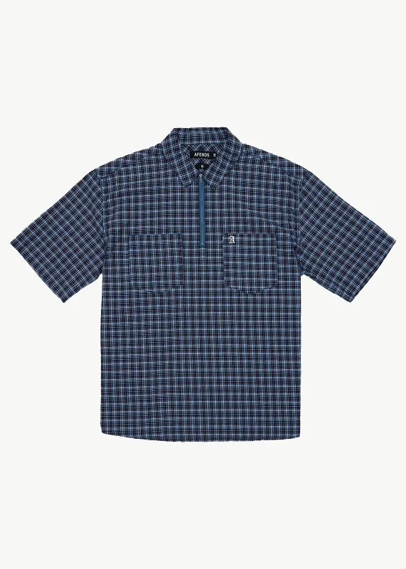 AFENDS Mens Mountains - Workwear Short Sleeve Shirt - Navy Check made by Afends
