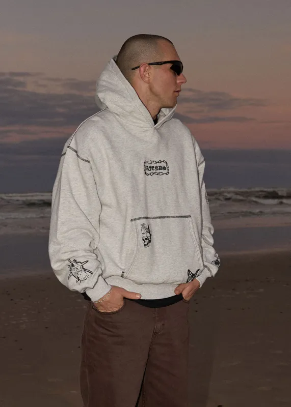 AFENDS Mens Spiritual - Distressed Boxy Hood - Grey Marle made by Afends
