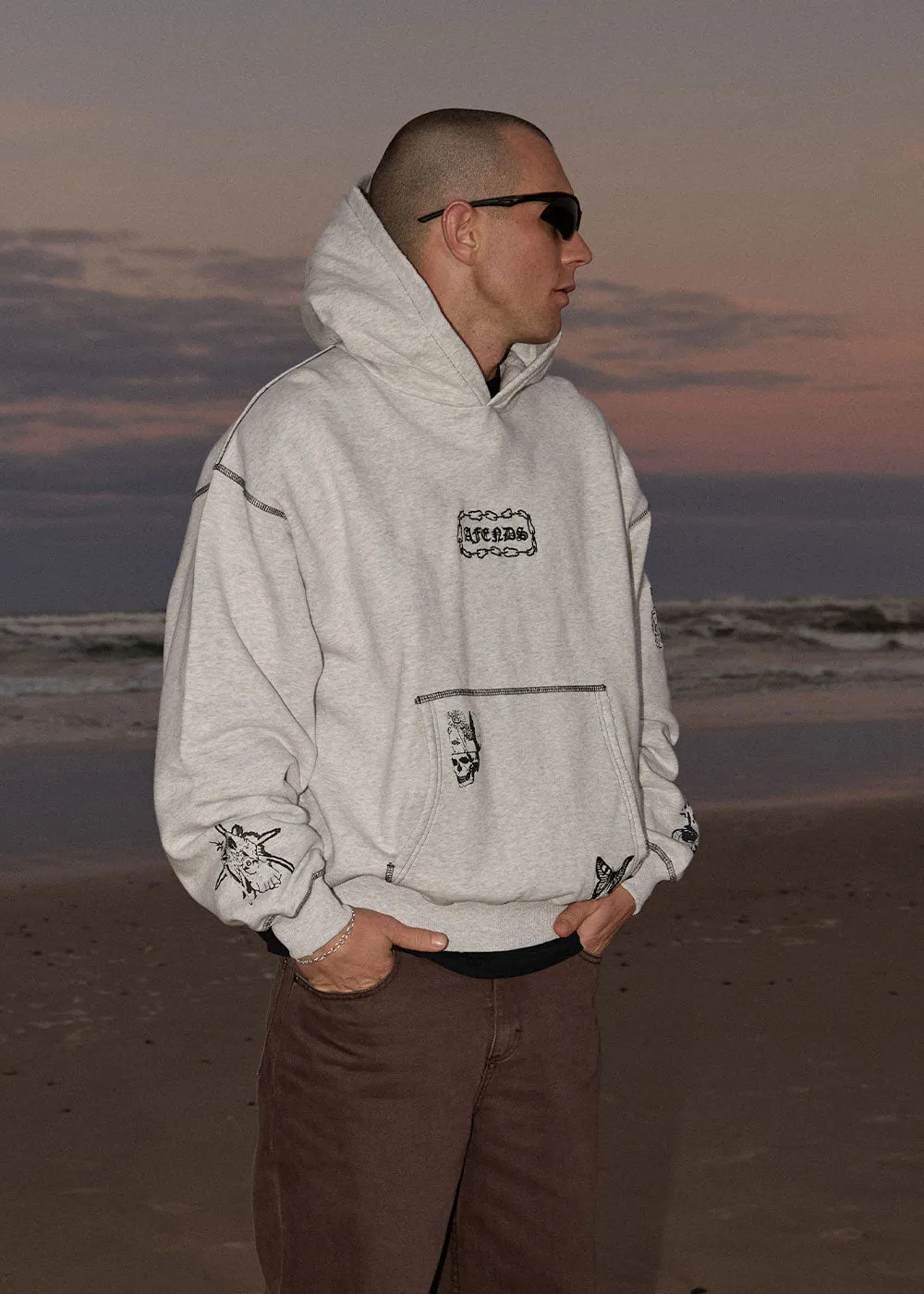 AFENDS Mens Spiritual - Distressed Boxy Hood - Grey Marle sold by Afends