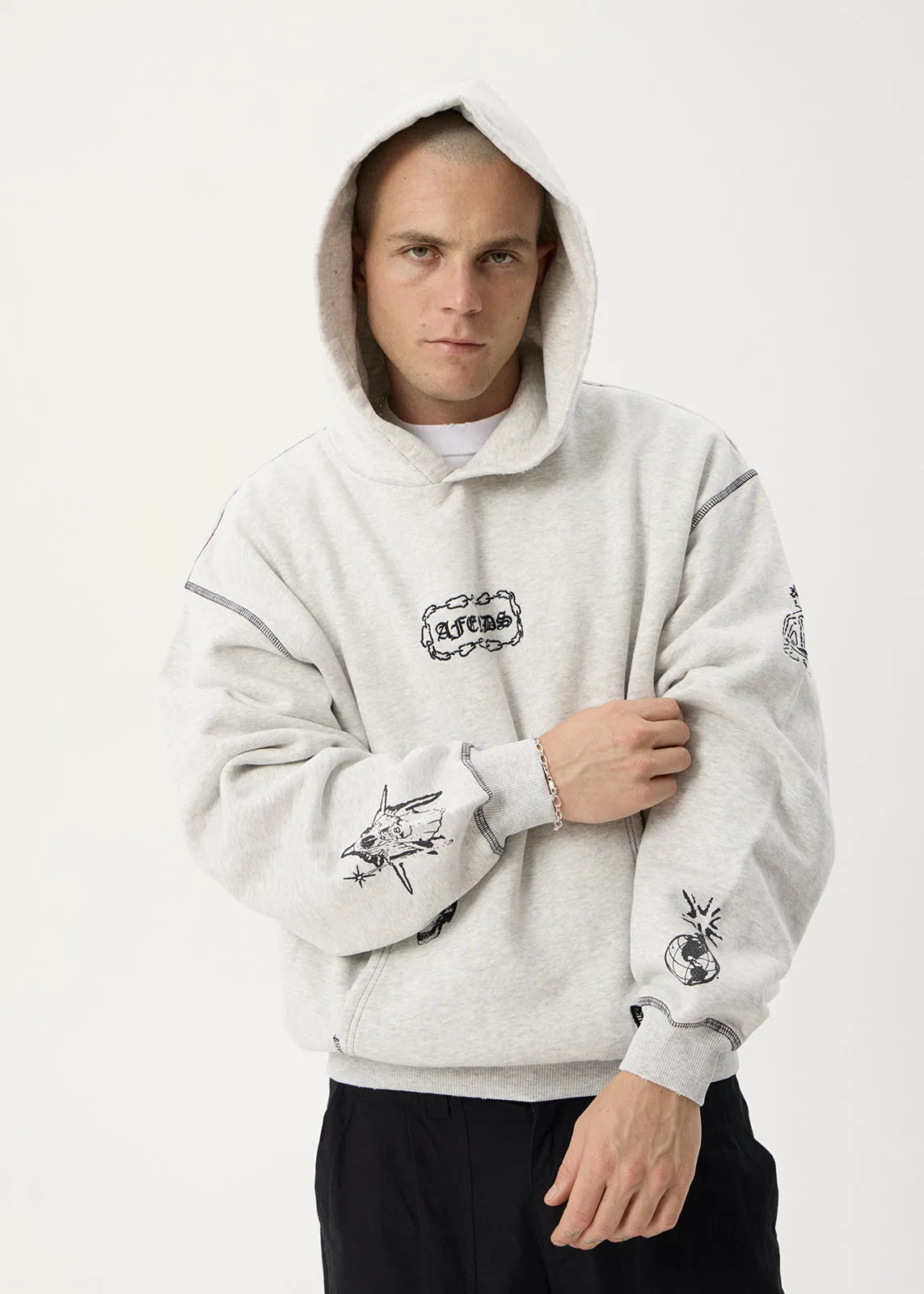 AFENDS Mens Spiritual - Distressed Boxy Hood - Grey Marle sold by Afends product image thumbnail 3