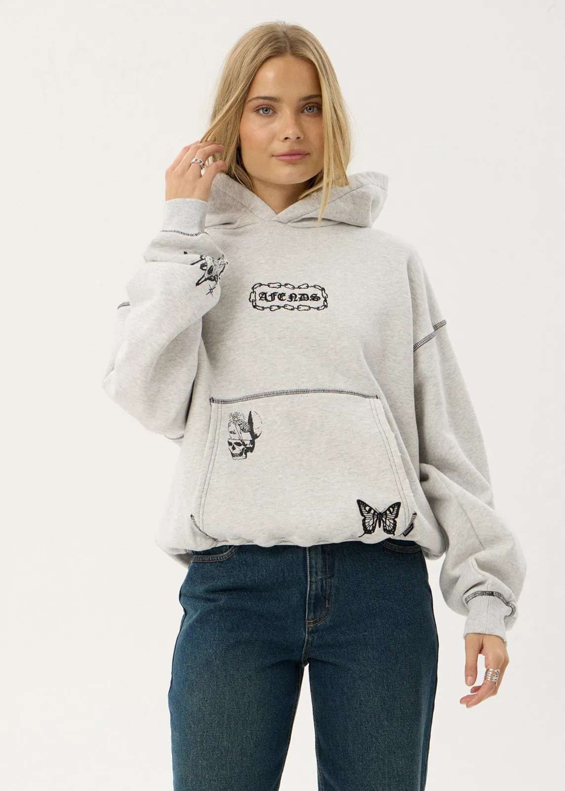 AFENDS Mens Spiritual - Distressed Boxy Hood - Grey Marle sold by Afends product image thumbnail 4
