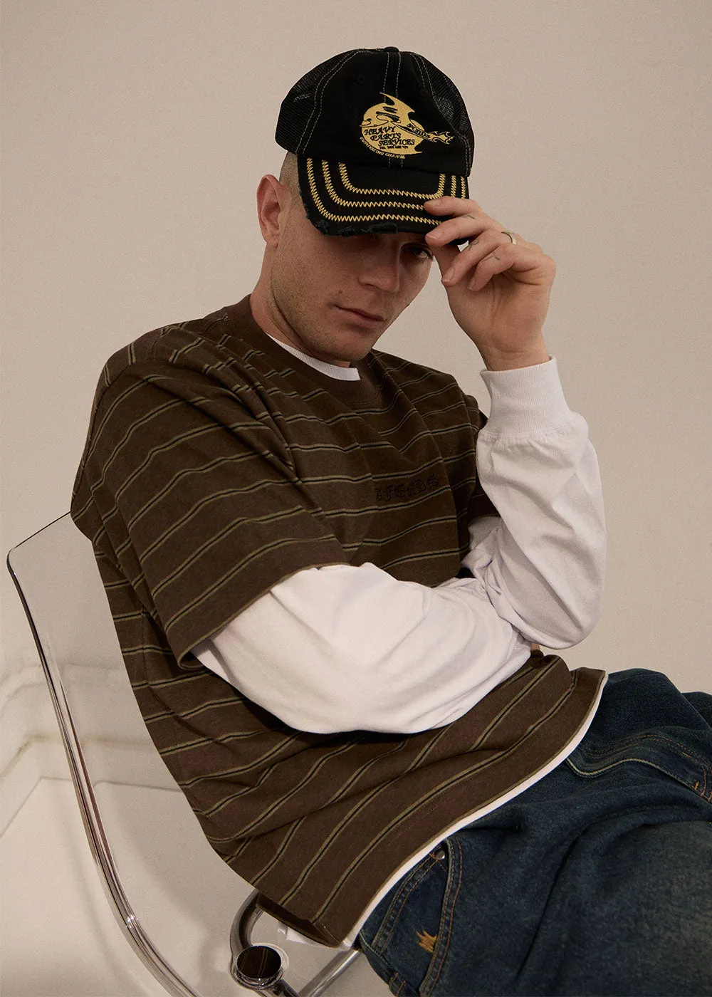 AFENDS Mens Eureka - Boxy Tee - Coffee Stripe sold by Afends