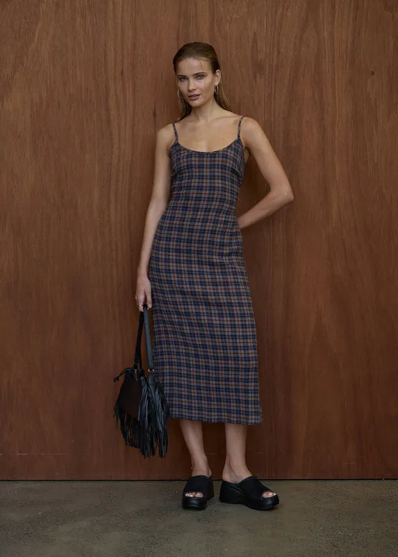 AFENDS Womens Rumi - Seersucker Midi Dress - Shev Indigo Check made by Afends