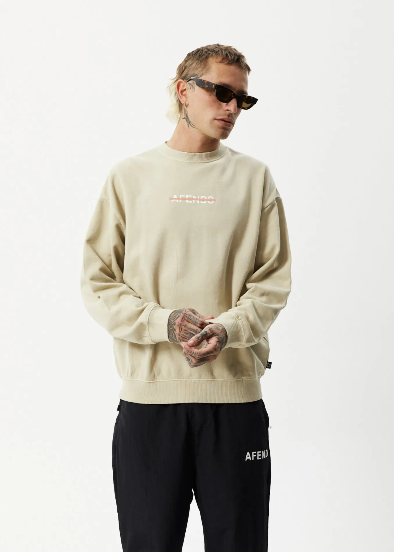AFENDS Mens Liquid - Crew Neck Jumper - Cement sold by Afends