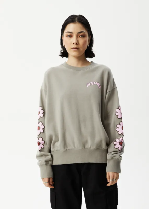 AFENDS Womens Flower - Crew Neck Jumper - Olive sold by Afends