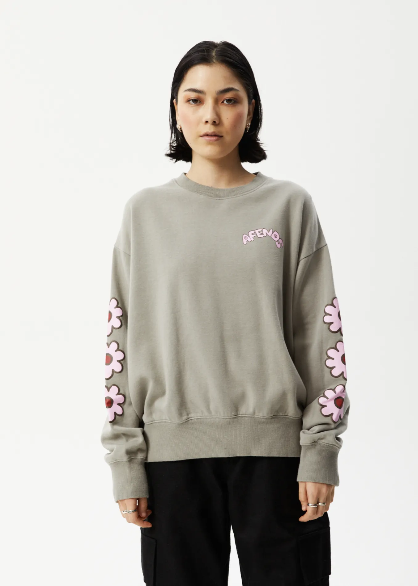AFENDS Womens Flower - Crew Neck Jumper - Olive sold by Afends