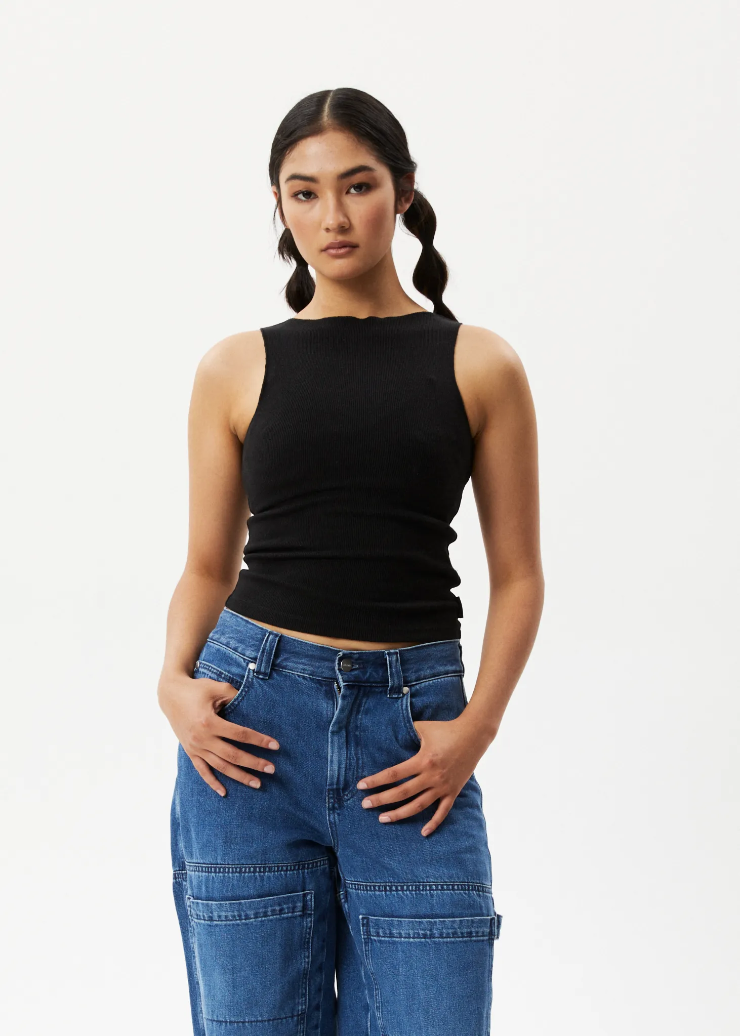 AFENDS Womens Peony - Ribbed High Neck Tank - Black sold by Afends