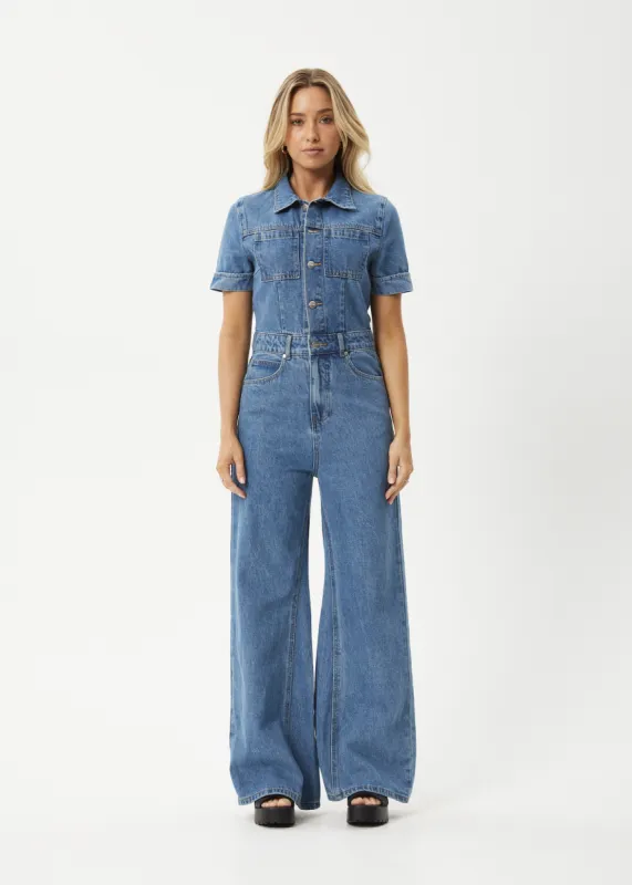 AFENDS Womens Miami - Denim Flared Jumpsuit - Worn Blue sold by Afends