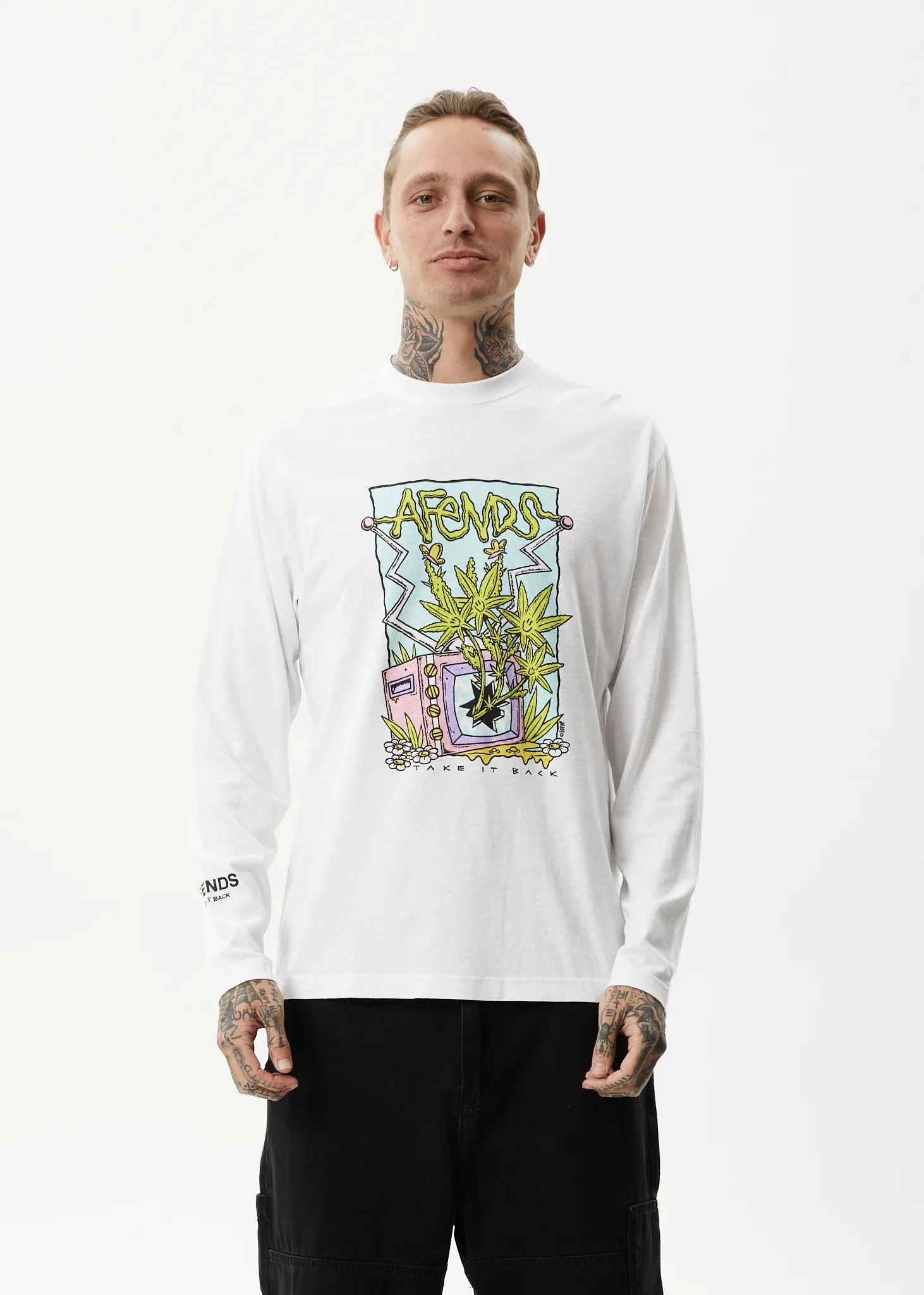 AFENDS Mens Take It Back - Long Sleeve Graphic T-Shirt - White sold by Afends