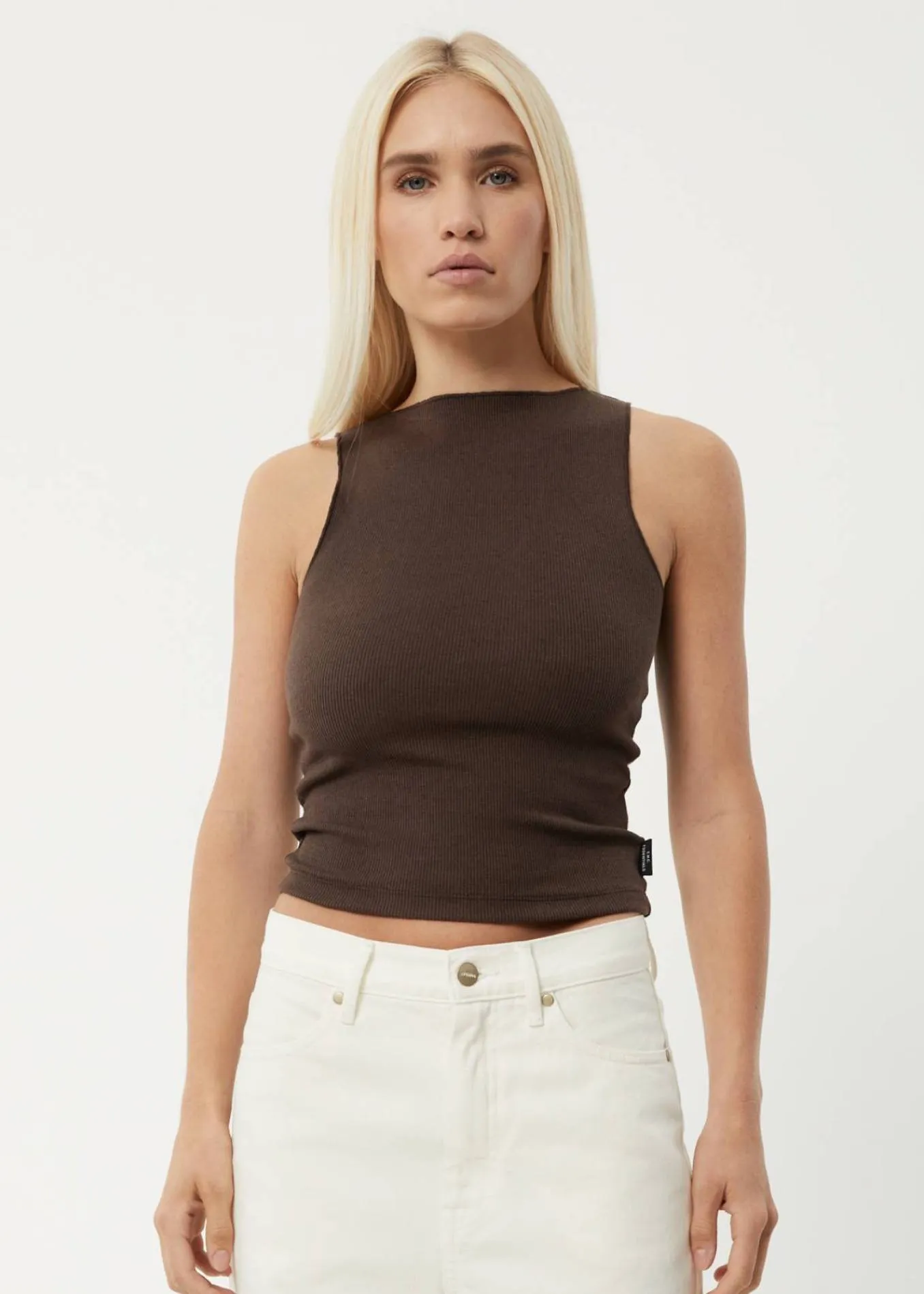 AFENDS Womens Peony - Ribbed High Neck Tank - Coffee sold by Afends