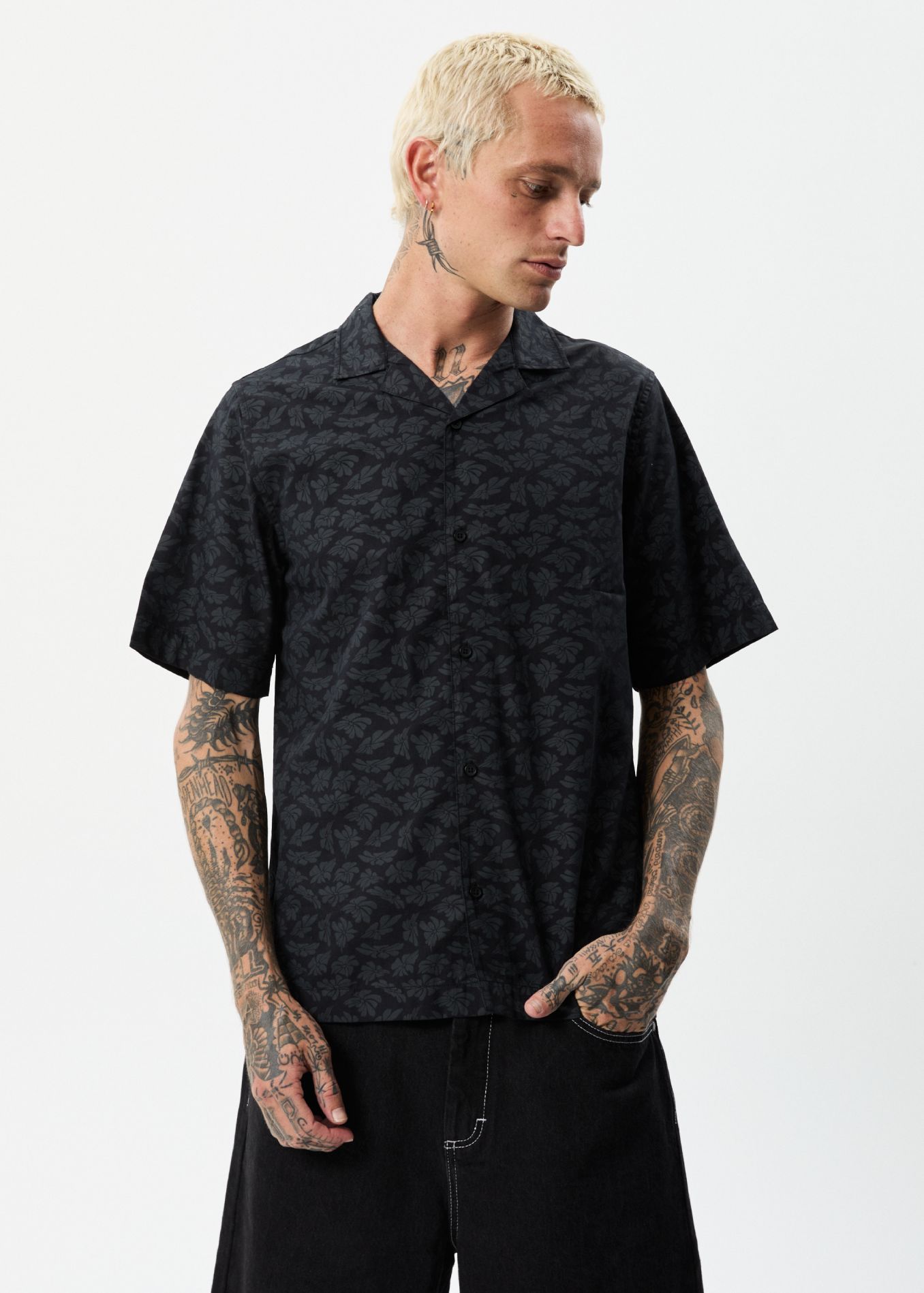 Afends Mens Underworld - Organic Cuban Short Sleeve Shirt - Black sold by Afends