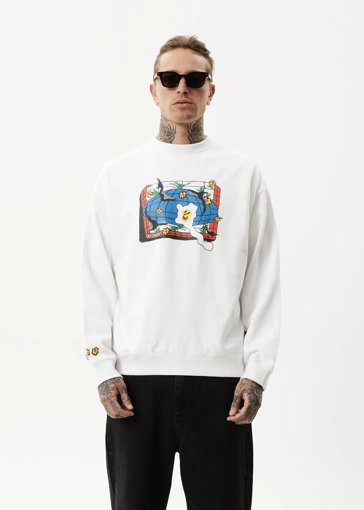 AFENDS Mens Globe - Crew Neck Graphic Jumper - White sold by Afends