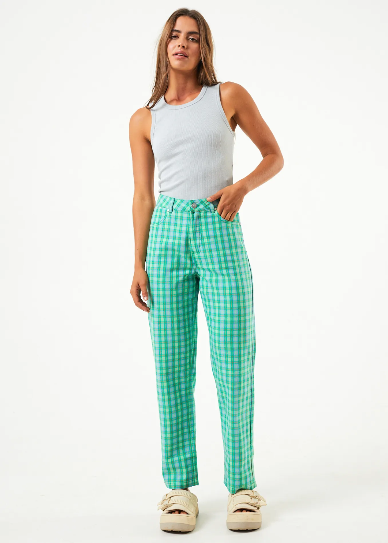 AFENDS Womens Tully Shelby - Check Wide Leg Pants - Forest Check sold by Afends