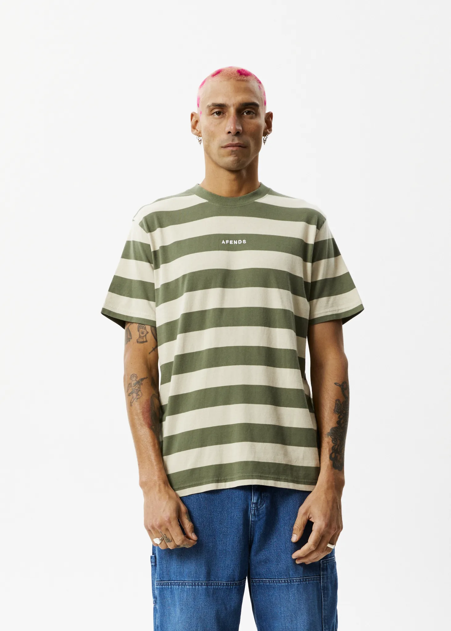 AFENDS Mens Needle - Retro Logo T-Shirt - Cypress Stripe sold by Afends product image thumbnail 2