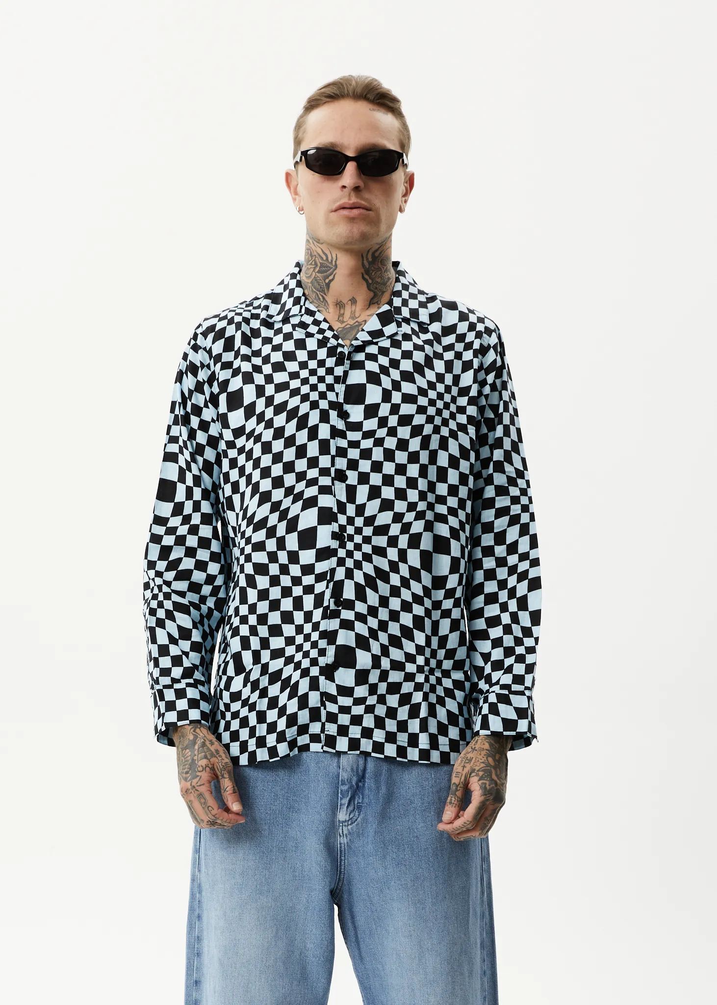AFENDS Mens Void - Check Long Sleeve Shirt - Sky Blue sold by Afends