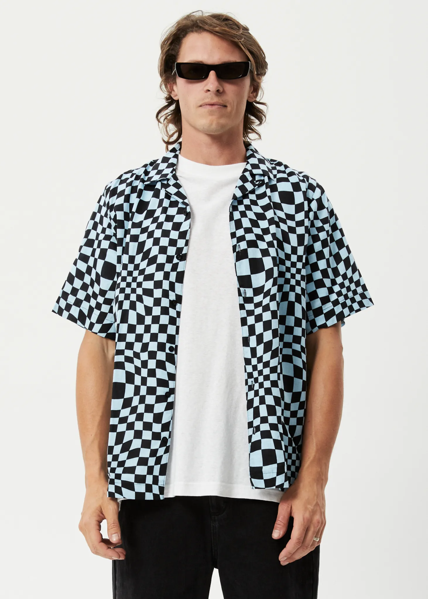 AFENDS Mens Void - Check Short Sleeve Shirt - Sky Blue sold by Afends