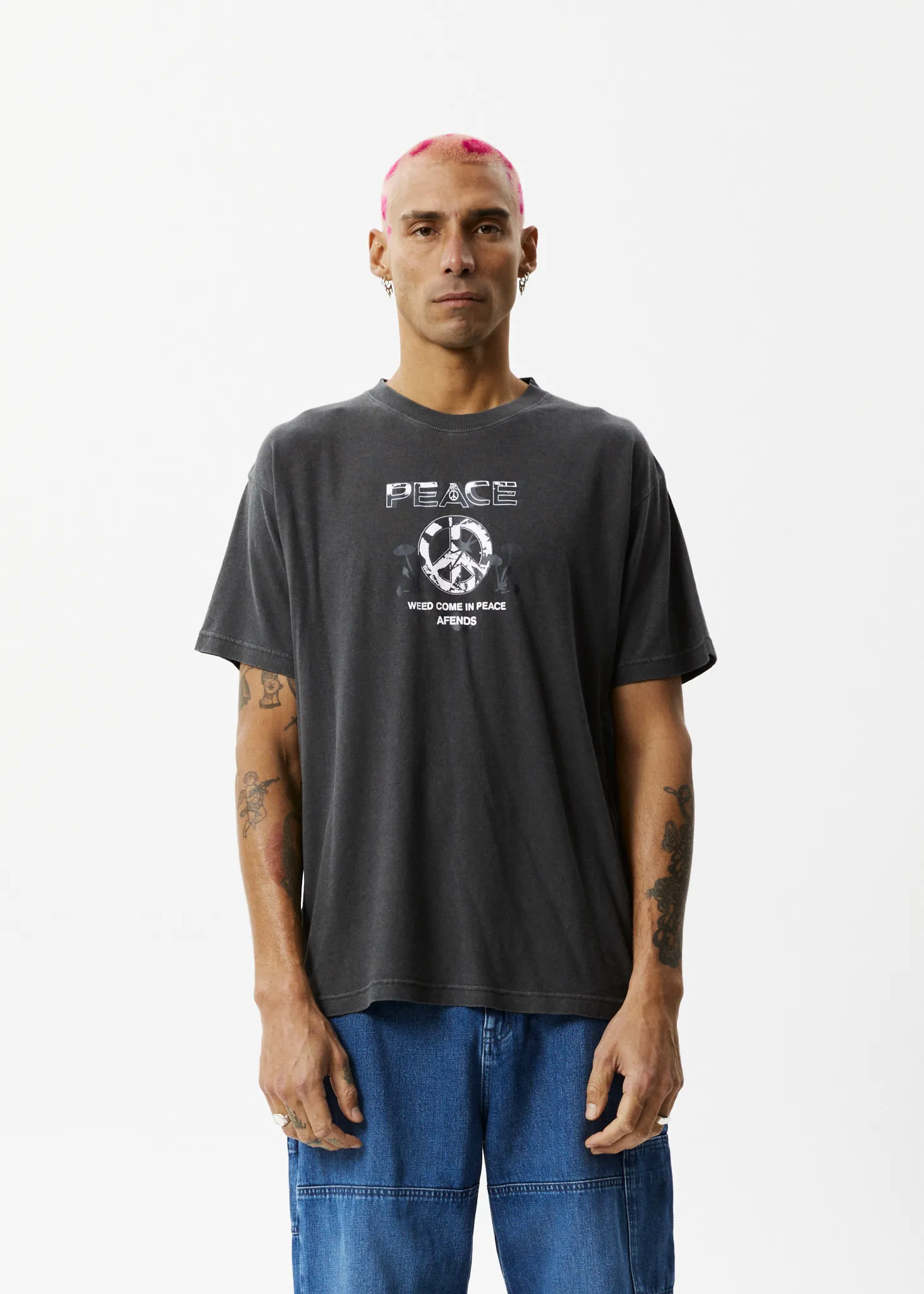 AFENDS Mens Peace - Boxy Graphic T-Shirt - Stone Black sold by Afends