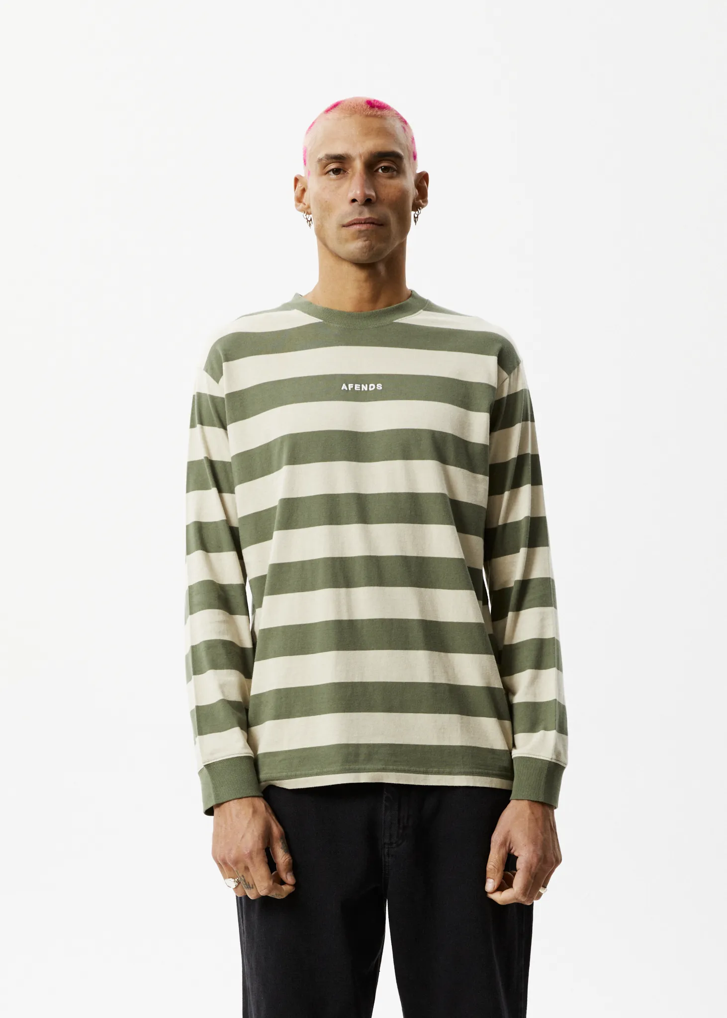 AFENDS Mens Needle - Striped Long Sleeve Logo T-Shirt - Cypress Stripe sold by Afends