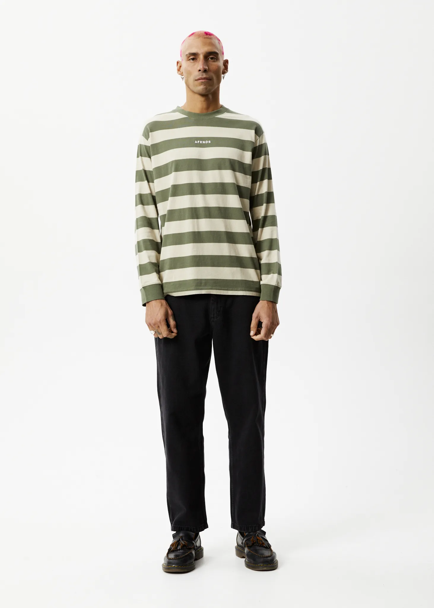 AFENDS Mens Needle - Striped Long Sleeve Logo T-Shirt - Cypress Stripe sold by Afends product image thumbnail 3