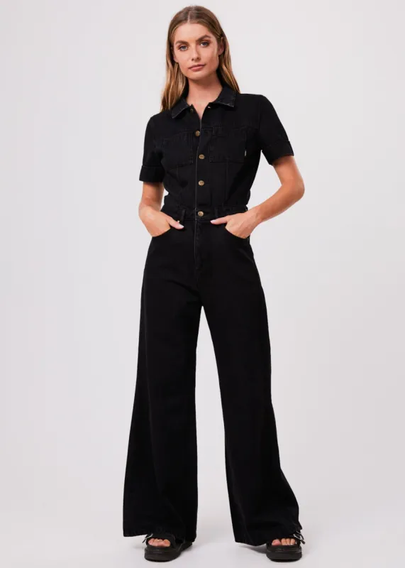 Afends Womens Miami - Organic Denim Flared Jumpsuit - Washed Black sold by Afends