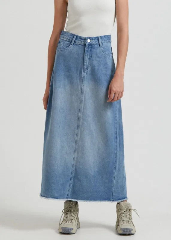 Afends Womens Chichi - Hemp Denim Midi Skirt - Worn Blue sold by Afends