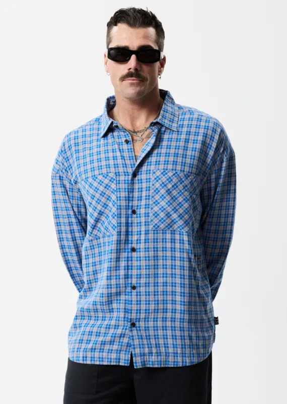 Afends Mens Porcelain - Hemp Check Long Sleeve Shirt - Electric Blue sold by Afends