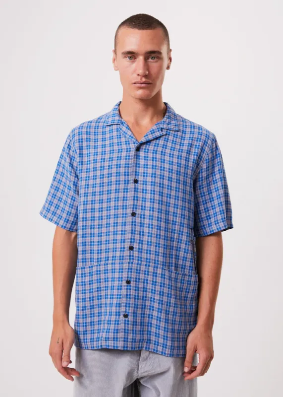 Afends Unisex Porcelain - Unisex Hemp Check Short Sleeve Shirt - Electric Blue made by Afends
