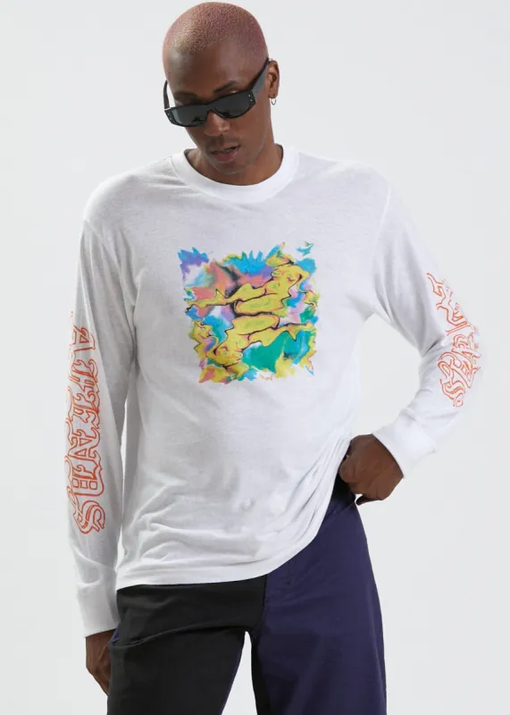 Afends Mens Reborn - Unisex Hemp Long Sleeve Graphic T-Shirt - White sold by Afends