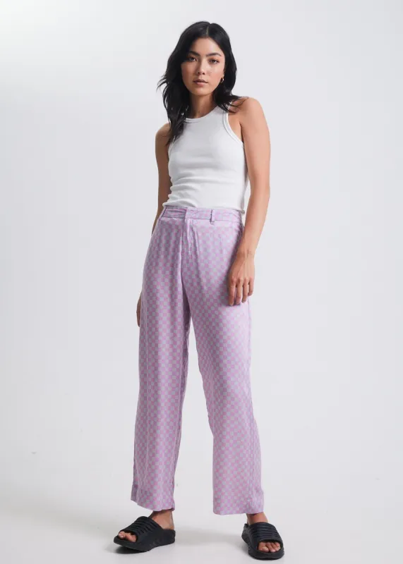 Afends Womens Carlo  - Recycled Check Low Rise Suit Pants  - Candy Check sold by Afends