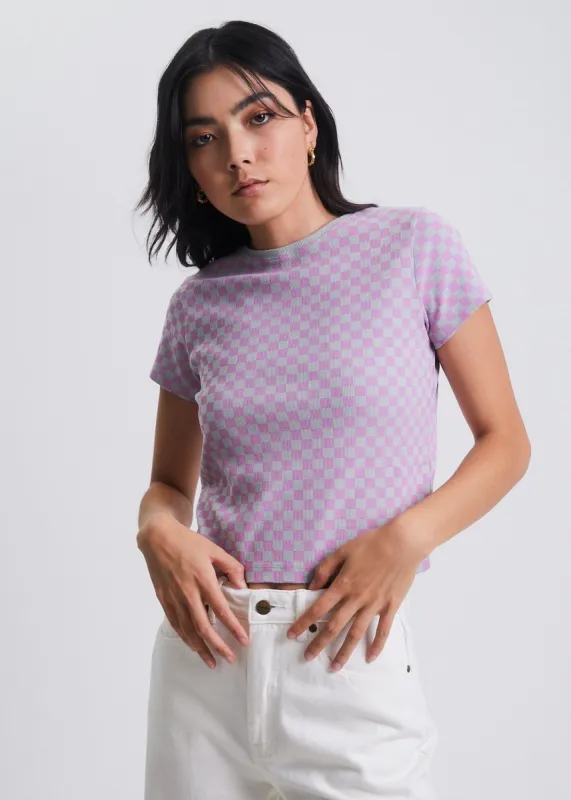 Afends Womens Carlo - Recycled Check Ribbed T-Shirt - Candy Check made by Afends