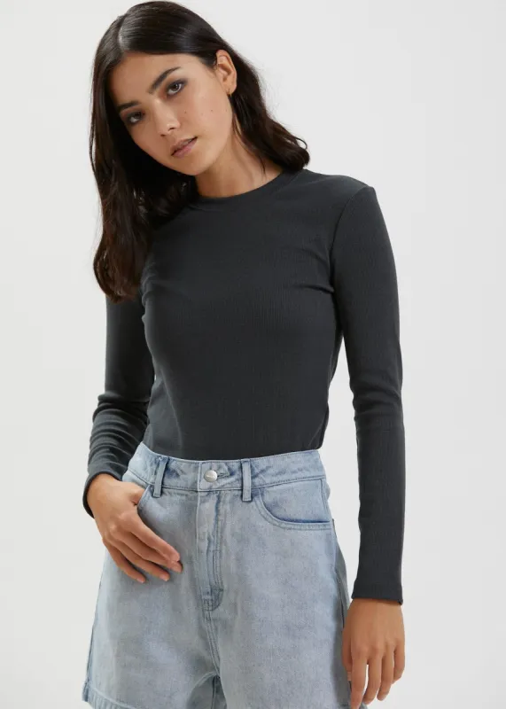 Afends Womens Harvey - Hemp Ribbed Long Sleeve Top - Charcoal sold by Afends